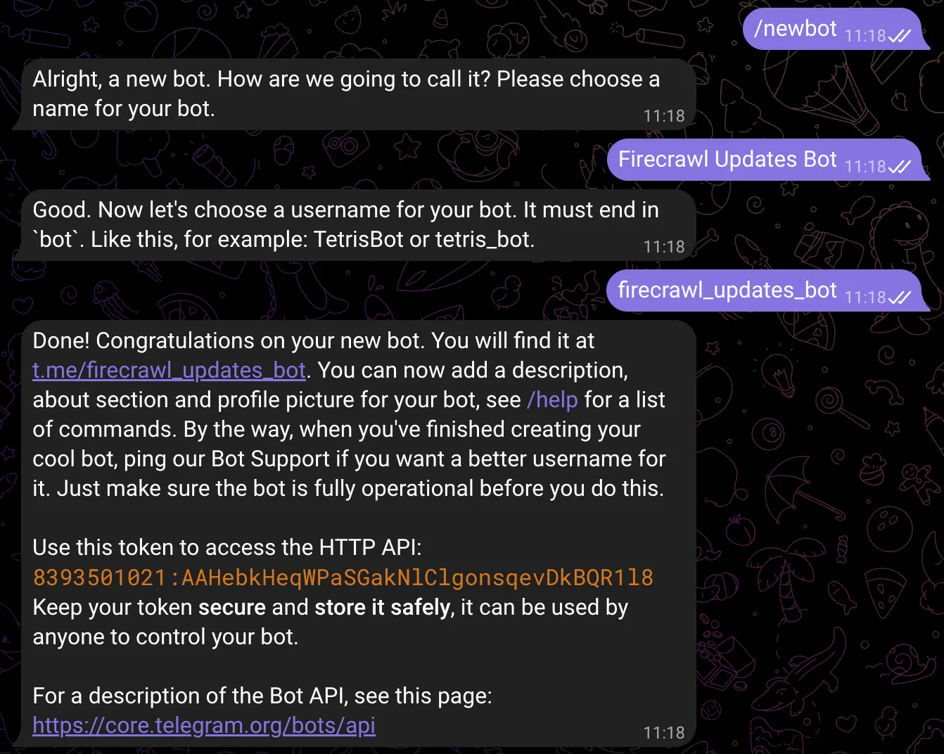 Creating a bot with BotFather, showing the full conversation flow