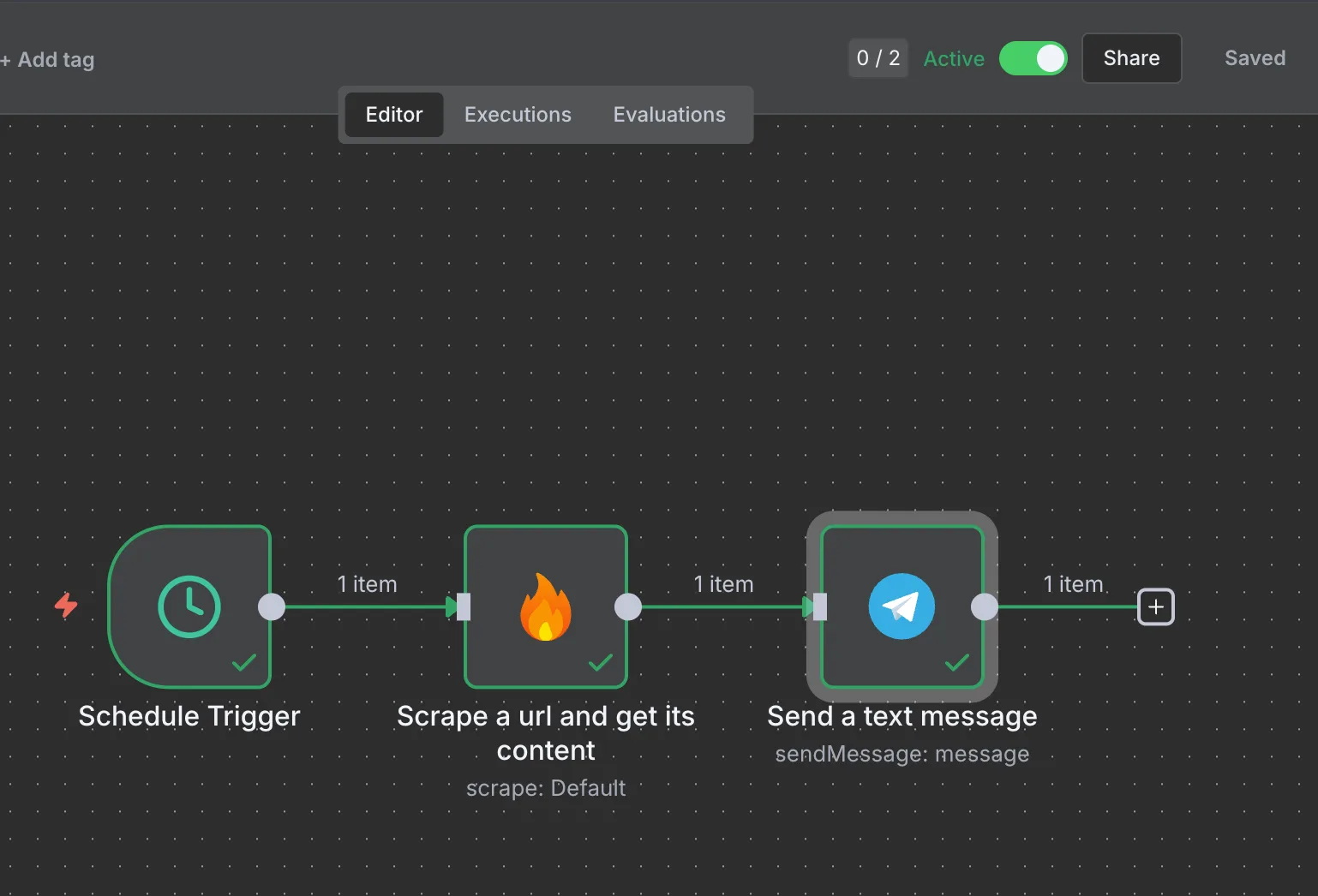 Complete workflow showing Schedule Trigger → Firecrawl → Telegram with all nodes connected