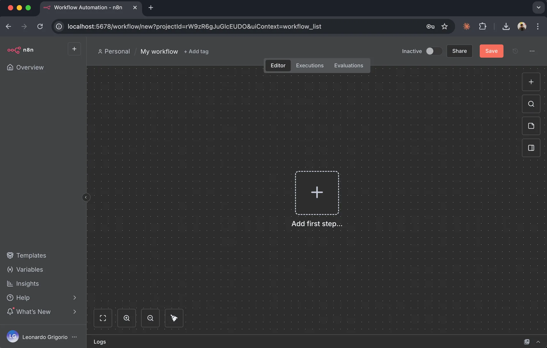 Empty n8n workflow canvas with the "+" button visible in the center